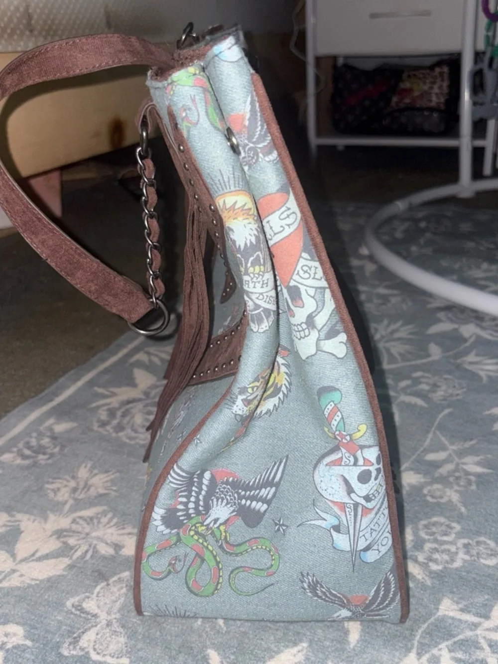 Ed Hardy Blue Printed Canvas Tote with Brown Suede Fringe
